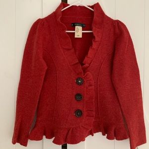 Anthropologie puff sleeve, ruffle neck, red wool cardigan sweater